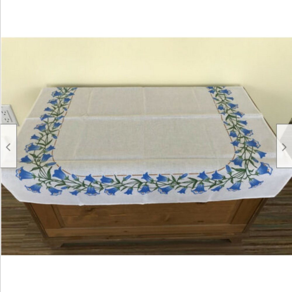 Bluebell Flower Tablecloth White Cotton 31" Square Vintage Springtime Cottage